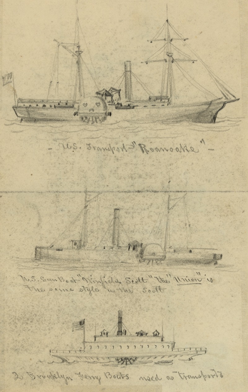 Alfred Rudolph Waud - Broadside views of three steamships.