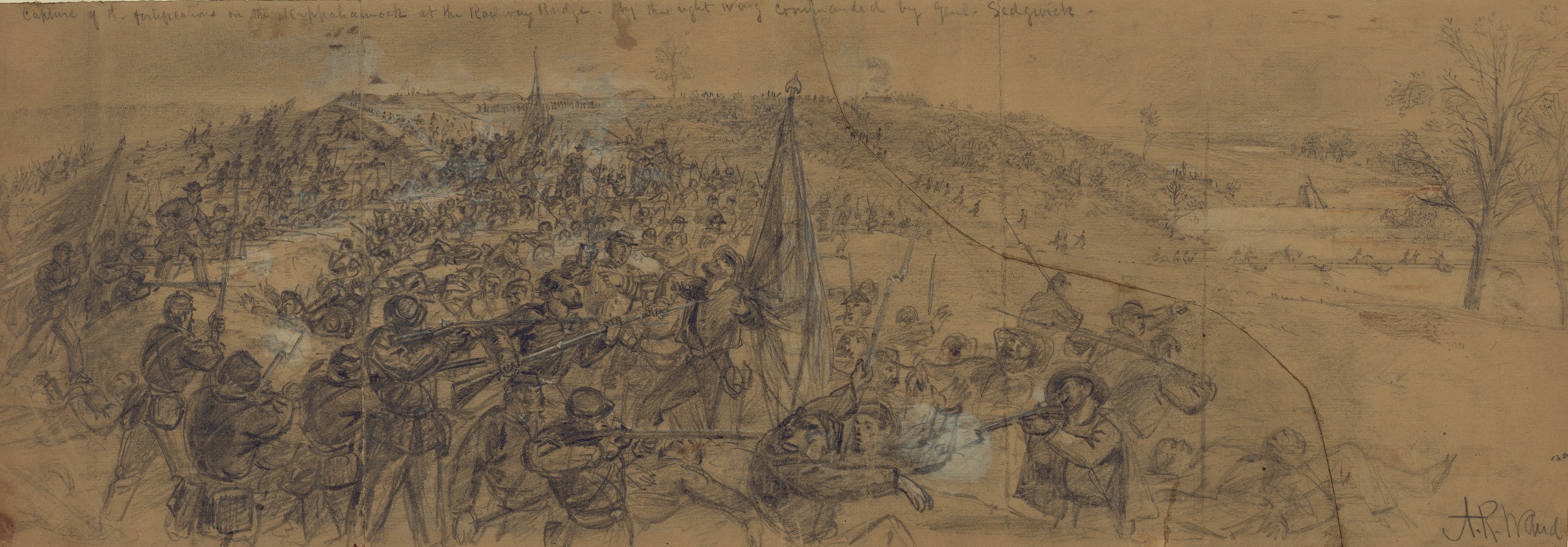 Alfred Rudolph Waud - Capture of the fortifications on the Rappahannock at the Railway Bridge–by the right wing commanded by Genl. Sedgwick