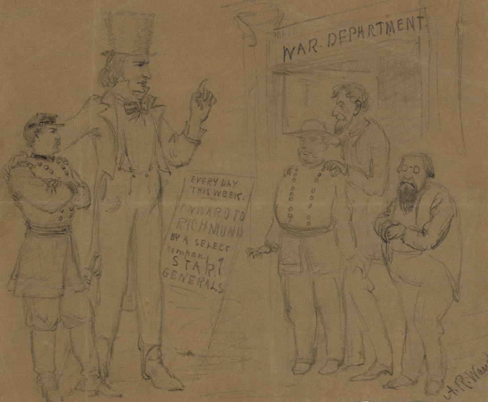 Alfred Rudolph Waud - Cartoon showing Uncle Sam and General McClellan standing before a playbill
