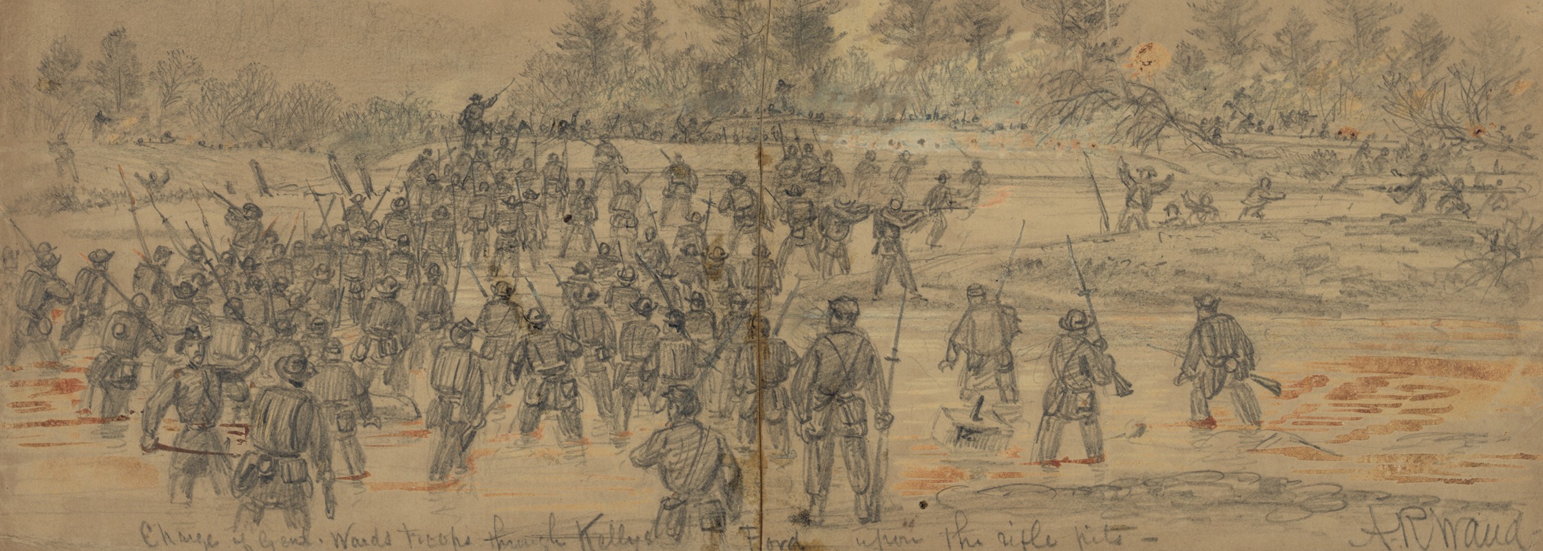 Alfred Rudolph Waud - Charge of Genl. Wards troops through Kellys Ford upon the rifle pits