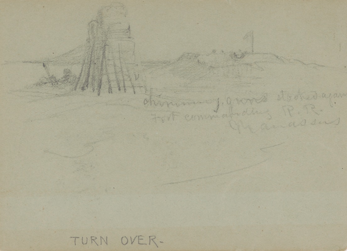 Alfred Rudolph Waud - Chimney, guns stacked again[st] [and] fort commanding R.R., Manassas