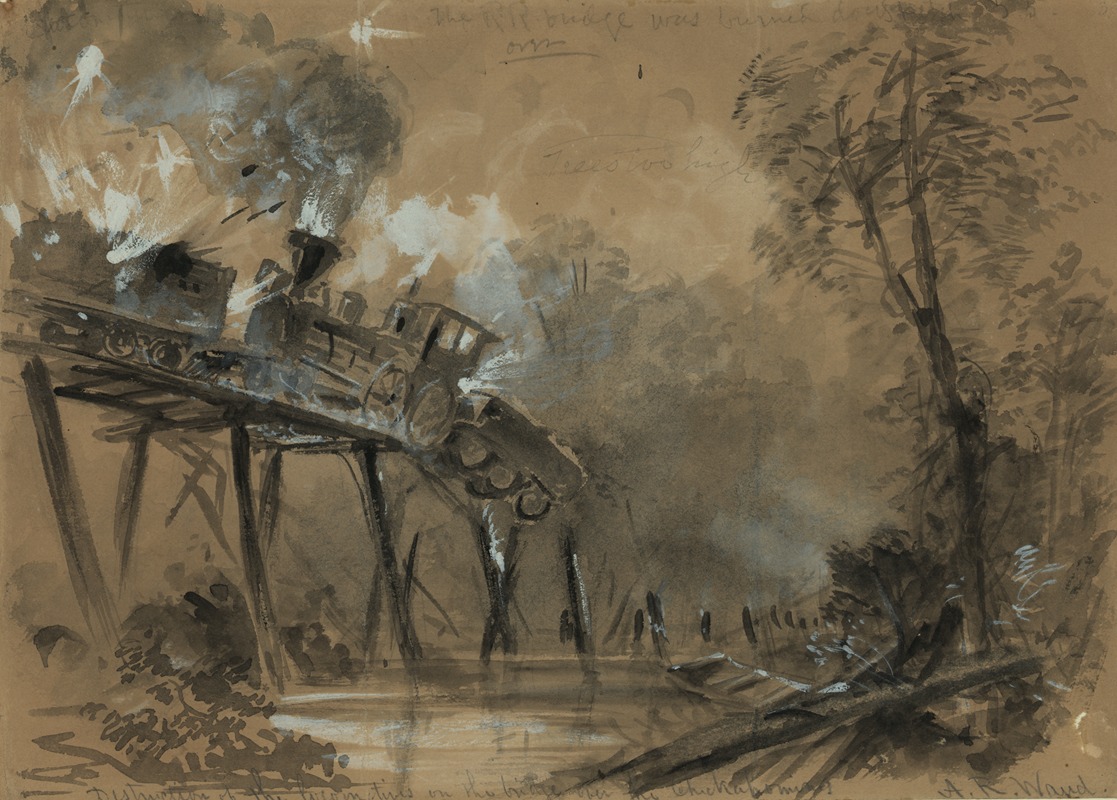 Alfred Rudolph Waud - Destruction of the locomotives on the bridge over the Chickahominy