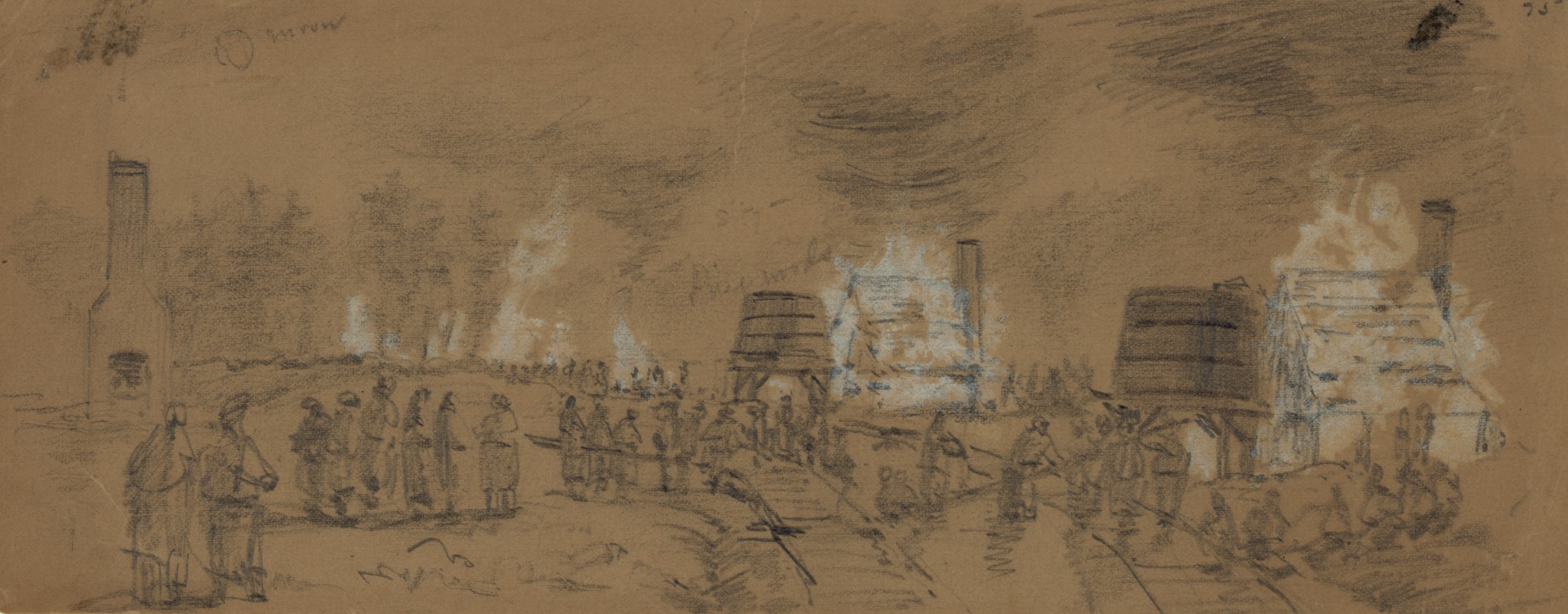 Alfred Rudolph Waud - Destruction of Water Tanks & Engines & engine houses for pumping water into them at Jarrets Station