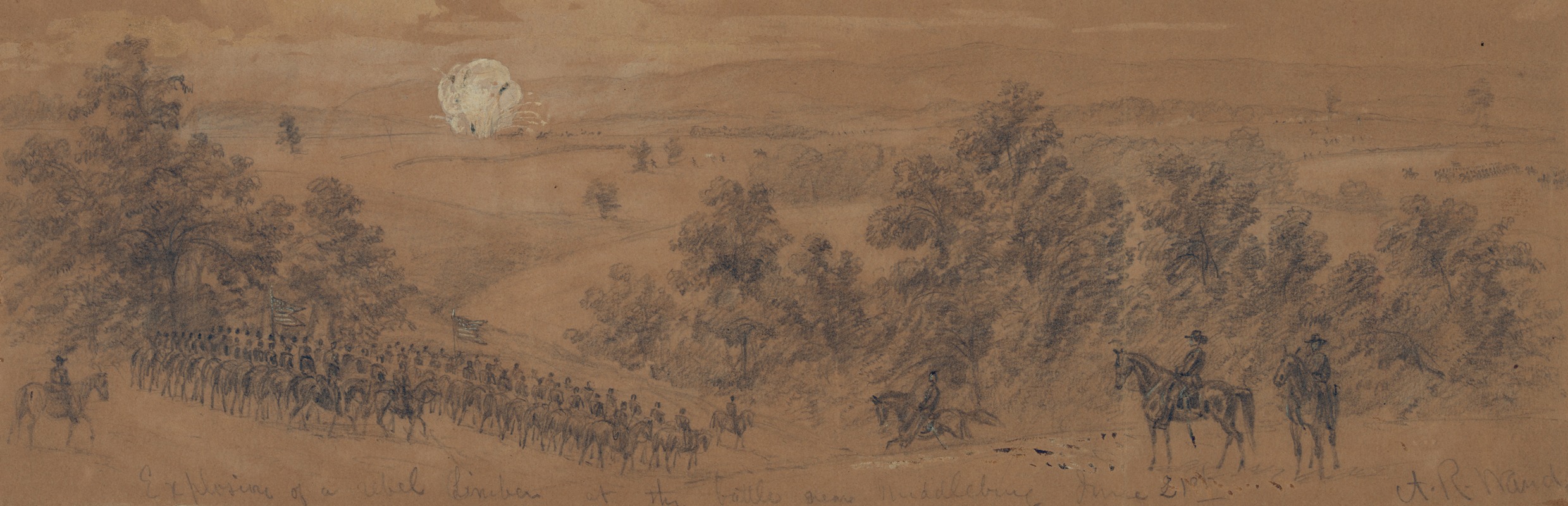 Alfred Rudolph Waud - Explosion of a rebel limber at the battle near Middleburg June 21st