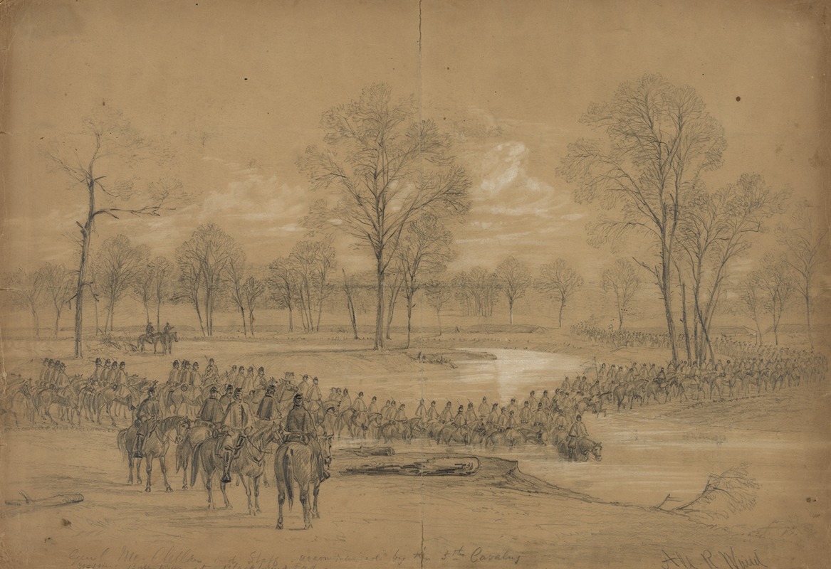 Alfred Rudolph Waud - Genl. McClellan and Staff accompanied by the 5th Cavalry crossing Bull Run at Blackburns Ford