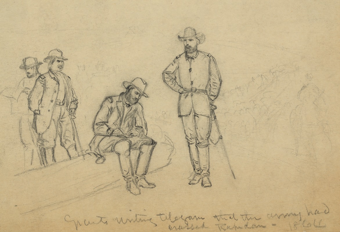 Alfred Rudolph Waud - Grant writing telegram that the Army had crossed Rapidan 1864
