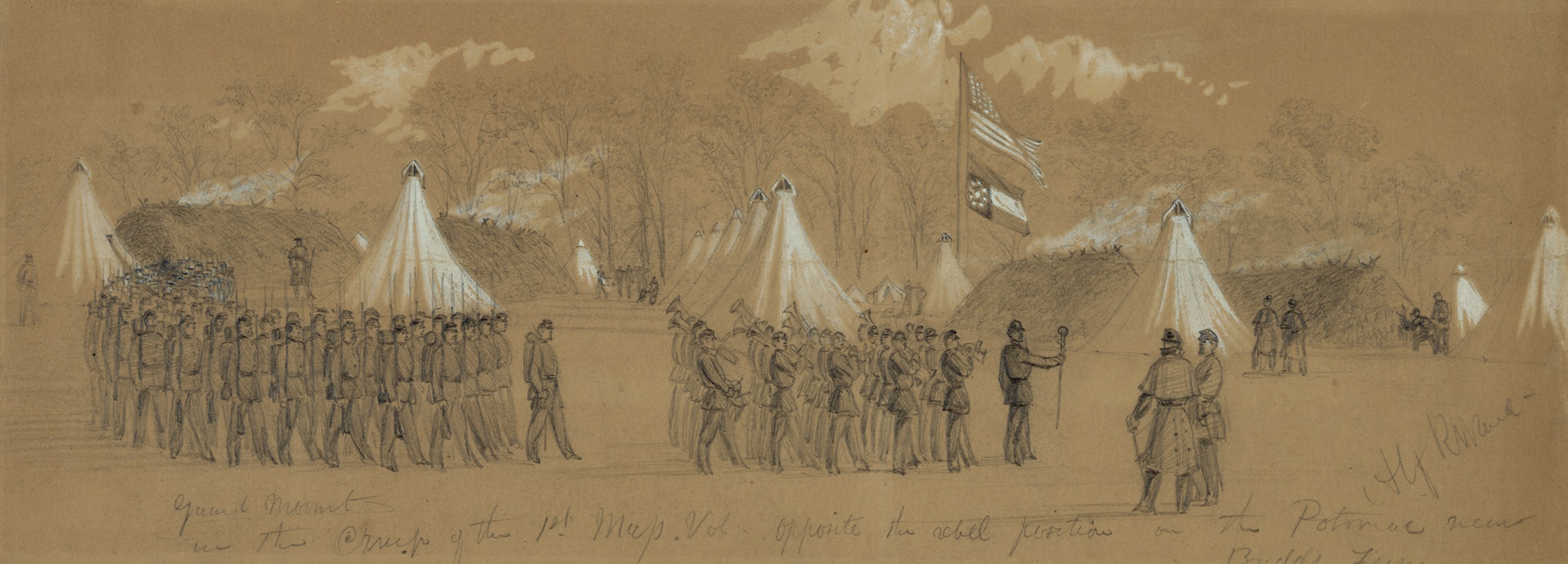 Alfred Rudolph Waud - Guard Mount in the Camp of the 1st Mass. Vol. Opposite the rebel position on the Potomac near Budds Ferry