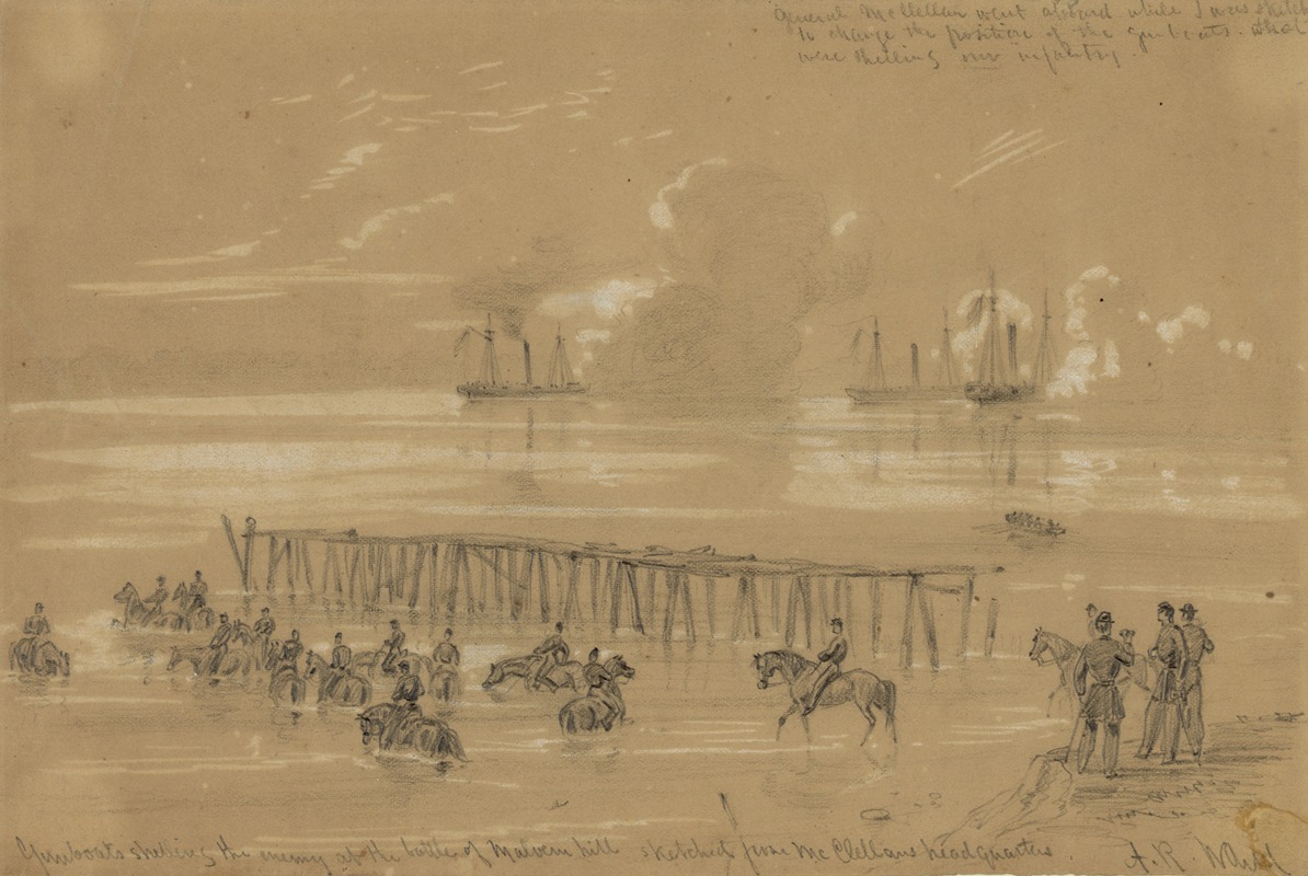 Alfred Rudolph Waud - Gunboats shelling the enemy at the battle of Malvern hill sketched from McClellans headquarters