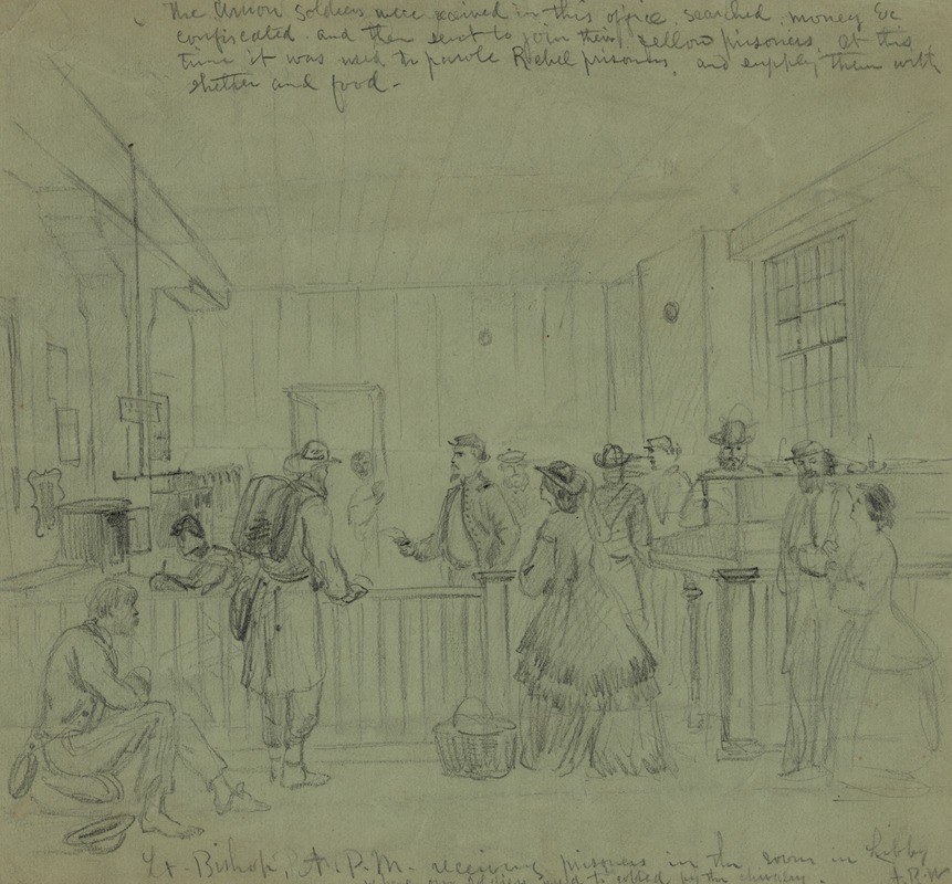 Alfred Rudolph Waud - Lt. Bishop A.P.M. receiving prisoners in the room in Libby where our soldiers used to be robbed by the chivalry