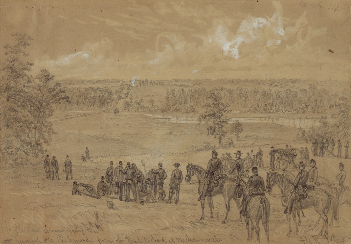 Alfred Rudolph Waud - McClellan reconnoitering the Turnpike to Richmond from the Peach Orchard at Mechanicsville