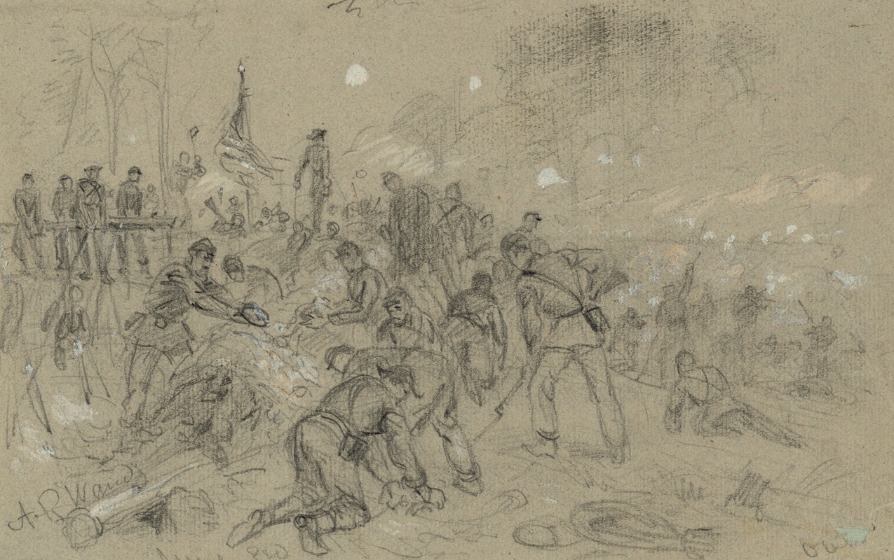 Alfred Rudolph Waud - On Hancocks front– the soldiers having no picks and shovels used bayonets, tin pans, old canteens, and even their hands in throwing up breastworks