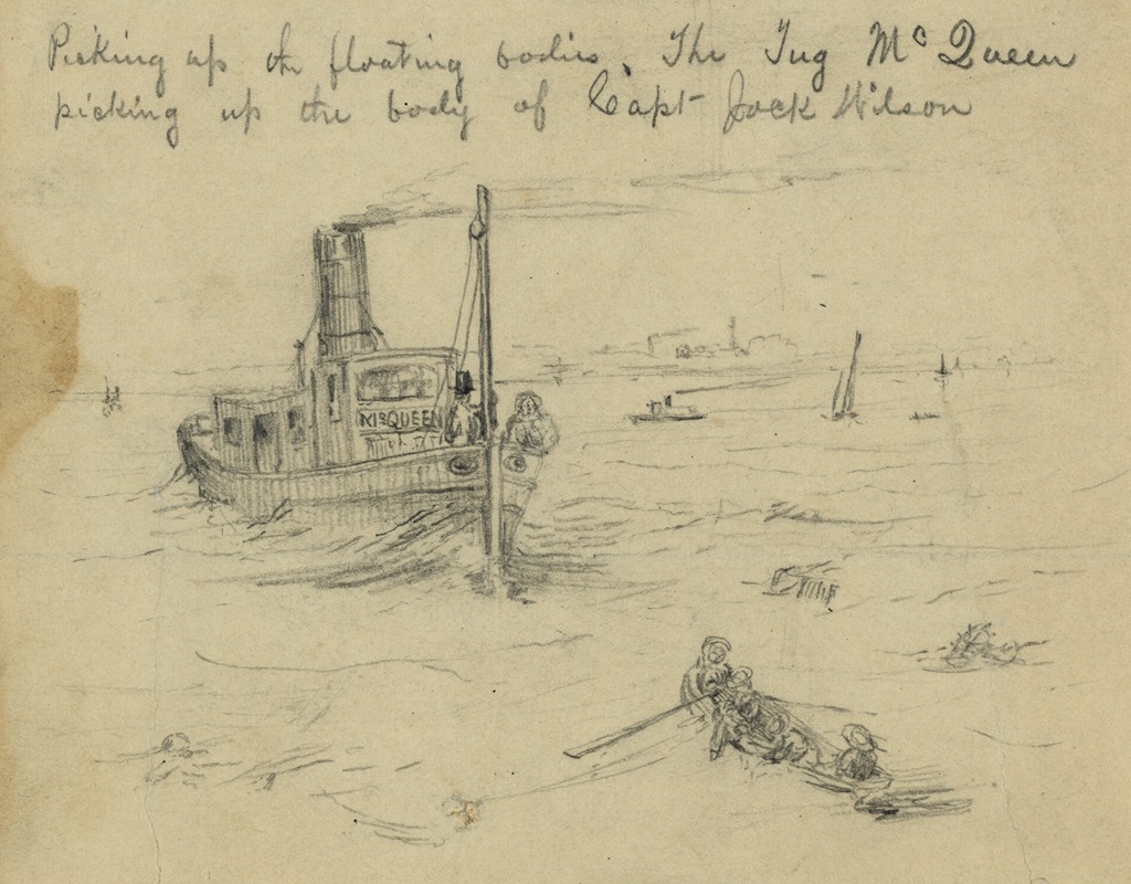 Alfred Rudolph Waud - Picking up the floating bodies. The Tug McQueen picking up the body of Capt. Jack Wilson