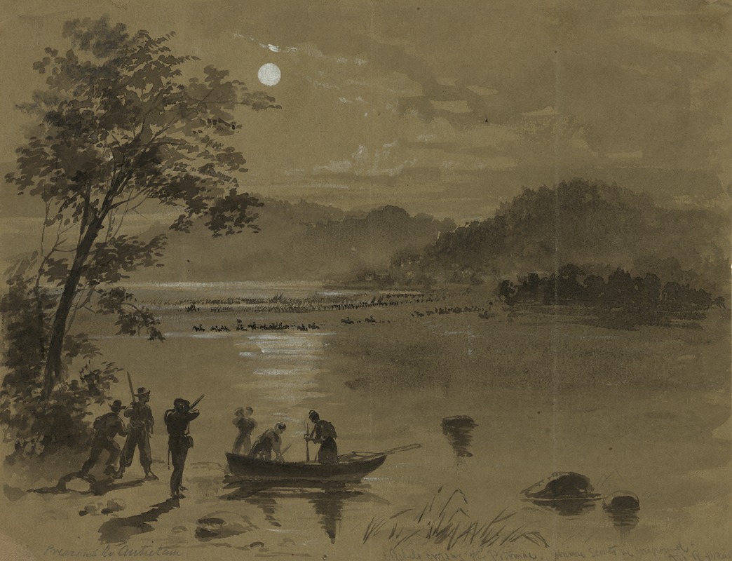 Alfred Rudolph Waud - Previous to Antietam. Rebels crossing the Potomac. Union scouts in foreground