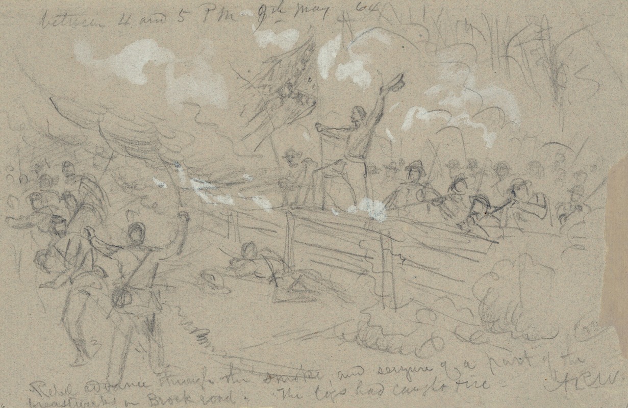 Alfred Rudolph Waud - Rebel advance through the smoke, and seizure of a part of the breastworks on Brock road. The logs had caught fire
