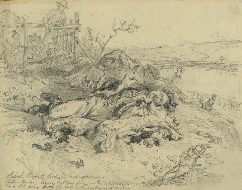 Alfred Rudolph Waud - Rebel pickets dead, in Fredericksburg. Pontoon bridge, Union batteries firing on the rebel works back of the city