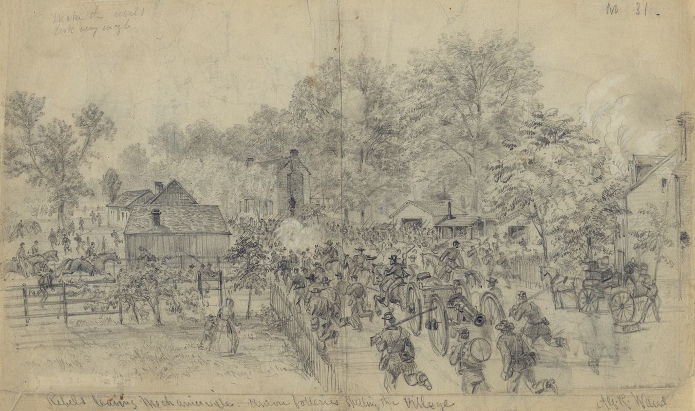 Alfred Rudolph Waud - Rebels leaving Mechanicsville. Union batteries shelling the Village