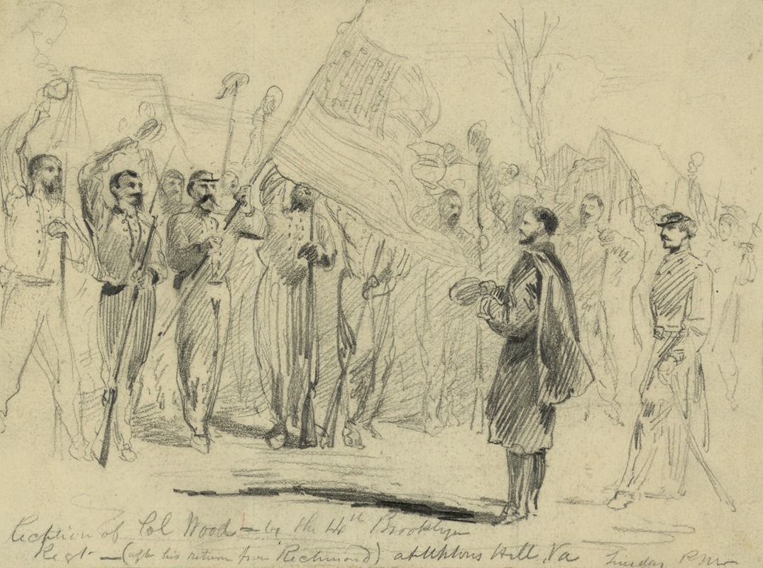 Alfred Rudolph Waud - Reception of Col Wood–by the 14th Brooklyn Regt.–(after his return from Richmond) at Uptons Hill, Va.–Tuesday, p.m.