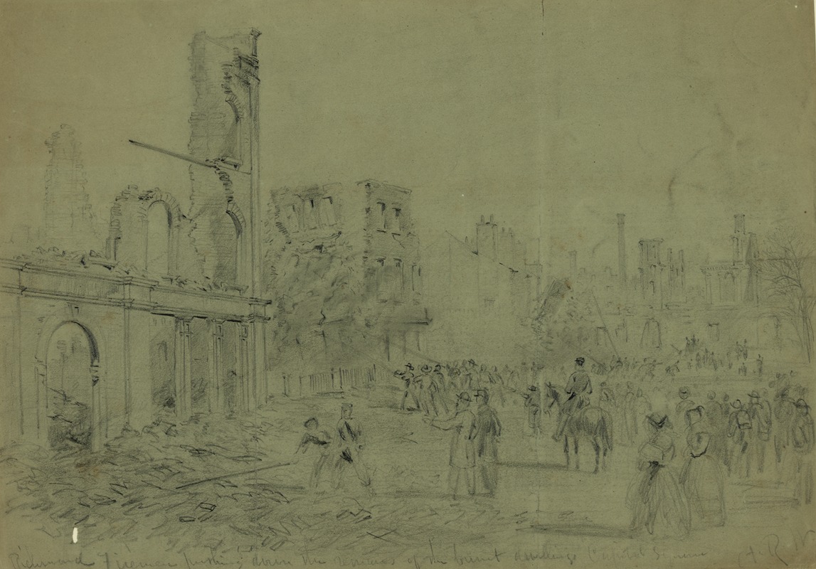 Alfred Rudolph Waud - Richmond Firemen pushing down the remains of the burnt dwellings Capital Square