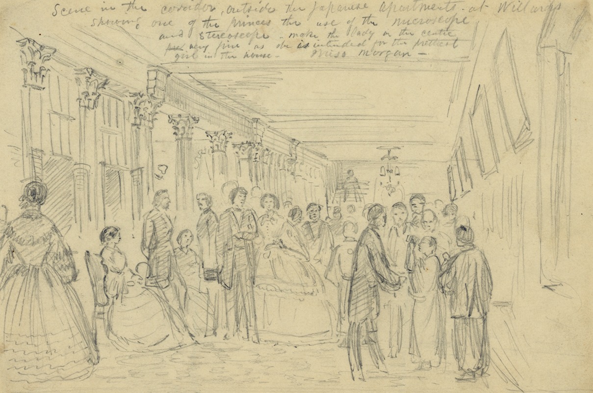 Alfred Rudolph Waud - Scene in the corridor, outside the Japanese apartments at Willards showing one of the princes the use of the microscope and stereoscope