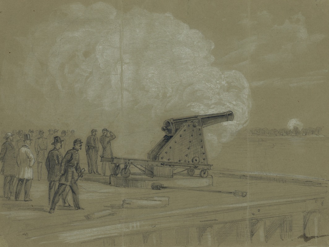 Alfred Rudolph Waud - Scene on the dock at the Rip Raps. Testing the Sawyer gun and projectile, a shell bursting on the rebel batteries at Sewells Point