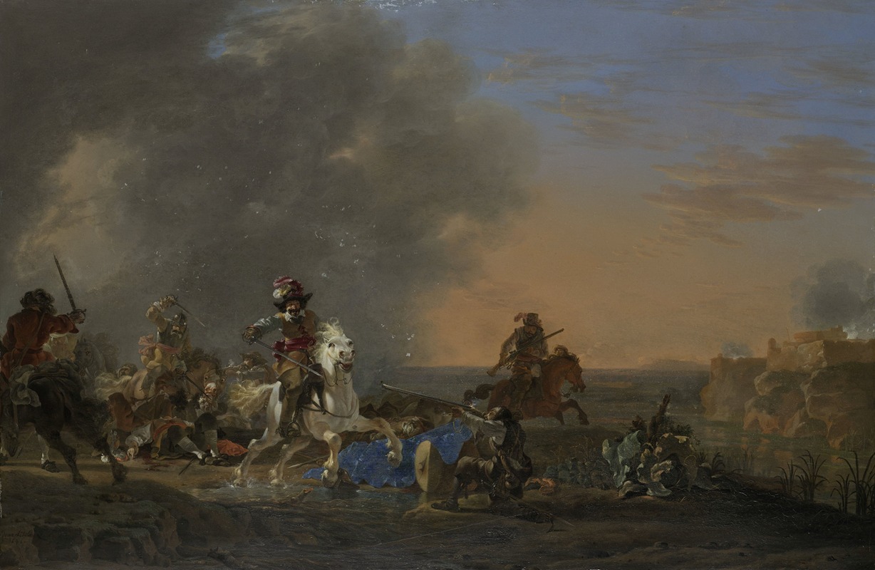 Jan Asselijn - Cavalry Attack at Sunset
