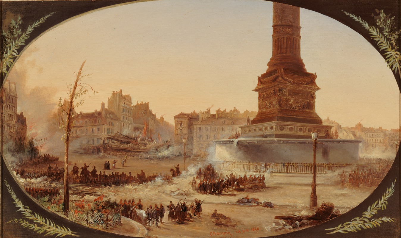 Jean-Jacques Champin - La Place de la Bastille et la Barricade de l’entrée du faubourg Saint-Antoine, le 25 juin 1848