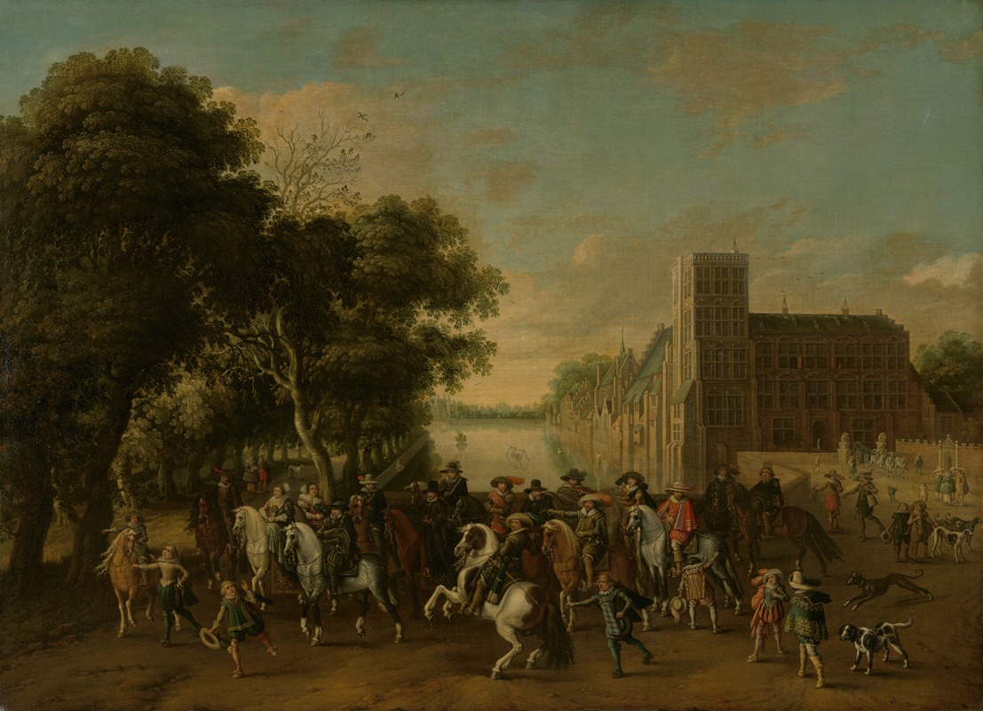 Pauwels van Hillegaert - Prince Maurits, accompanied by Prince Frederik Hendrik, Frederick V of Bohemia and his Wife Elizabeth Stuart, and Others, on the Buitenhof, The Hague