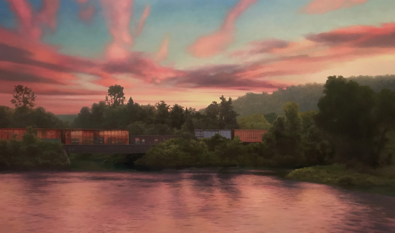 Scott Prior - Train on the River at Sunset