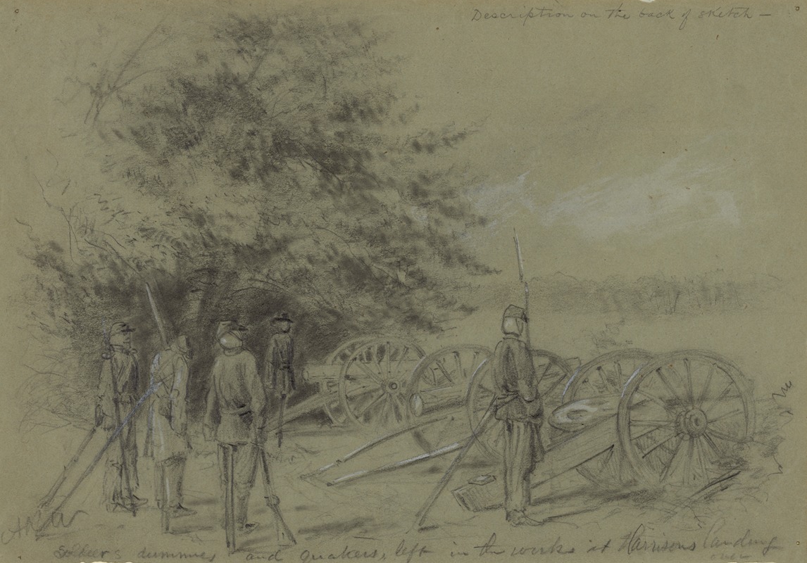 Alfred Rudolph Waud - Soldier’s dummies and quakers, left in the works at Harrison’s landing