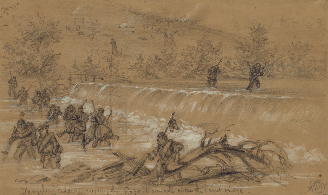 Alfred Rudolph Waud - Straggling soldiers crossing the Rappahannock above the burnt bridge