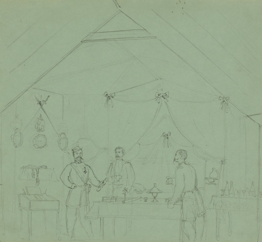 Alfred Rudolph Waud - Three officers talking inside a tent