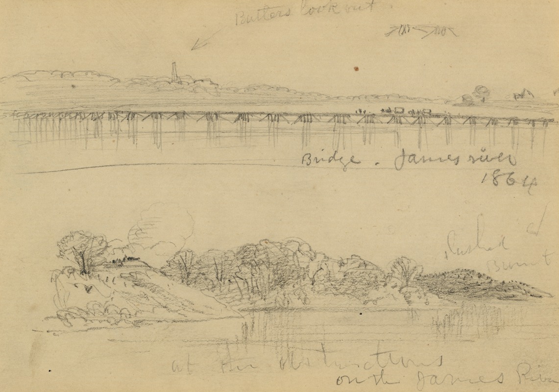 Alfred Rudolph Waud - Two views of military works on the James River in 1864