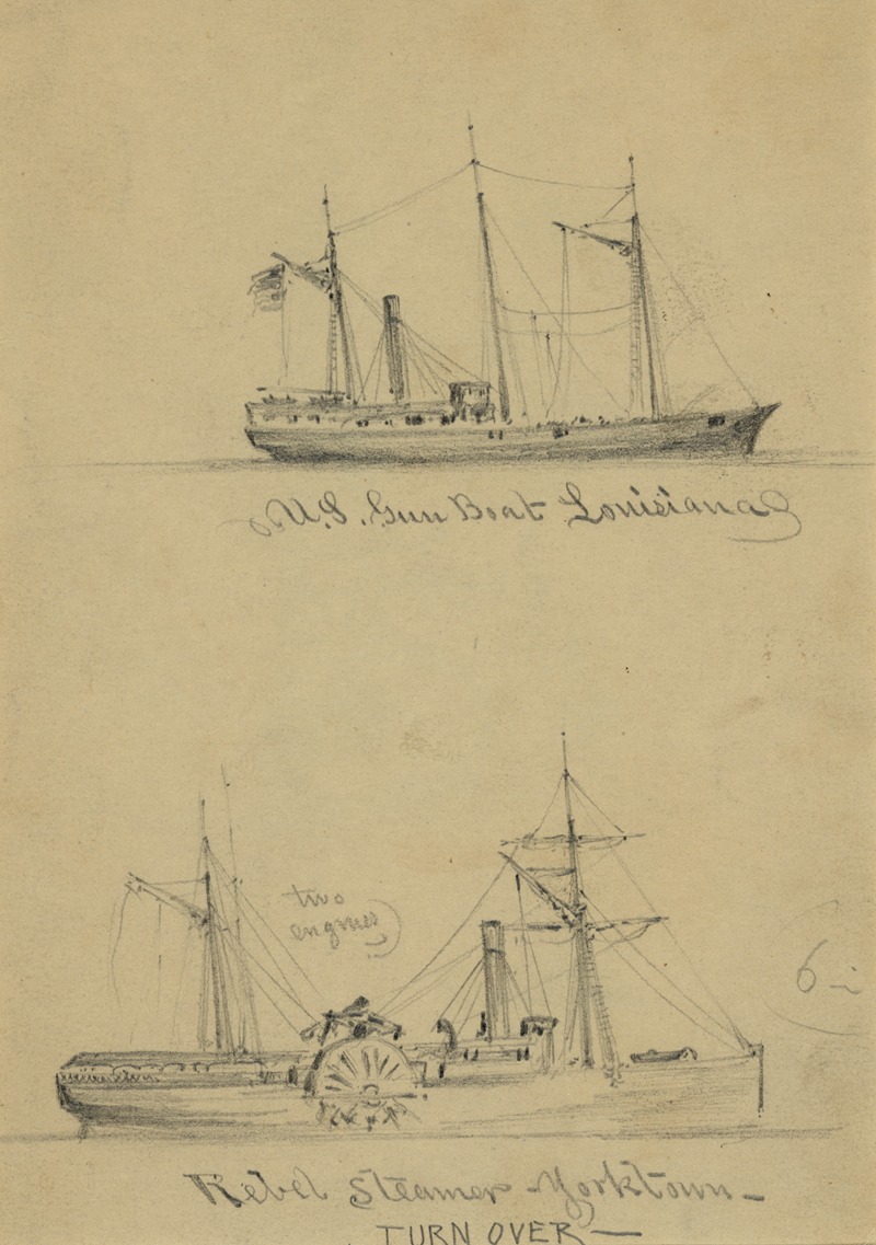 Alfred Rudolph Waud - U.S. Gun Boat Louisiana. Rebel Steamer Yorktown