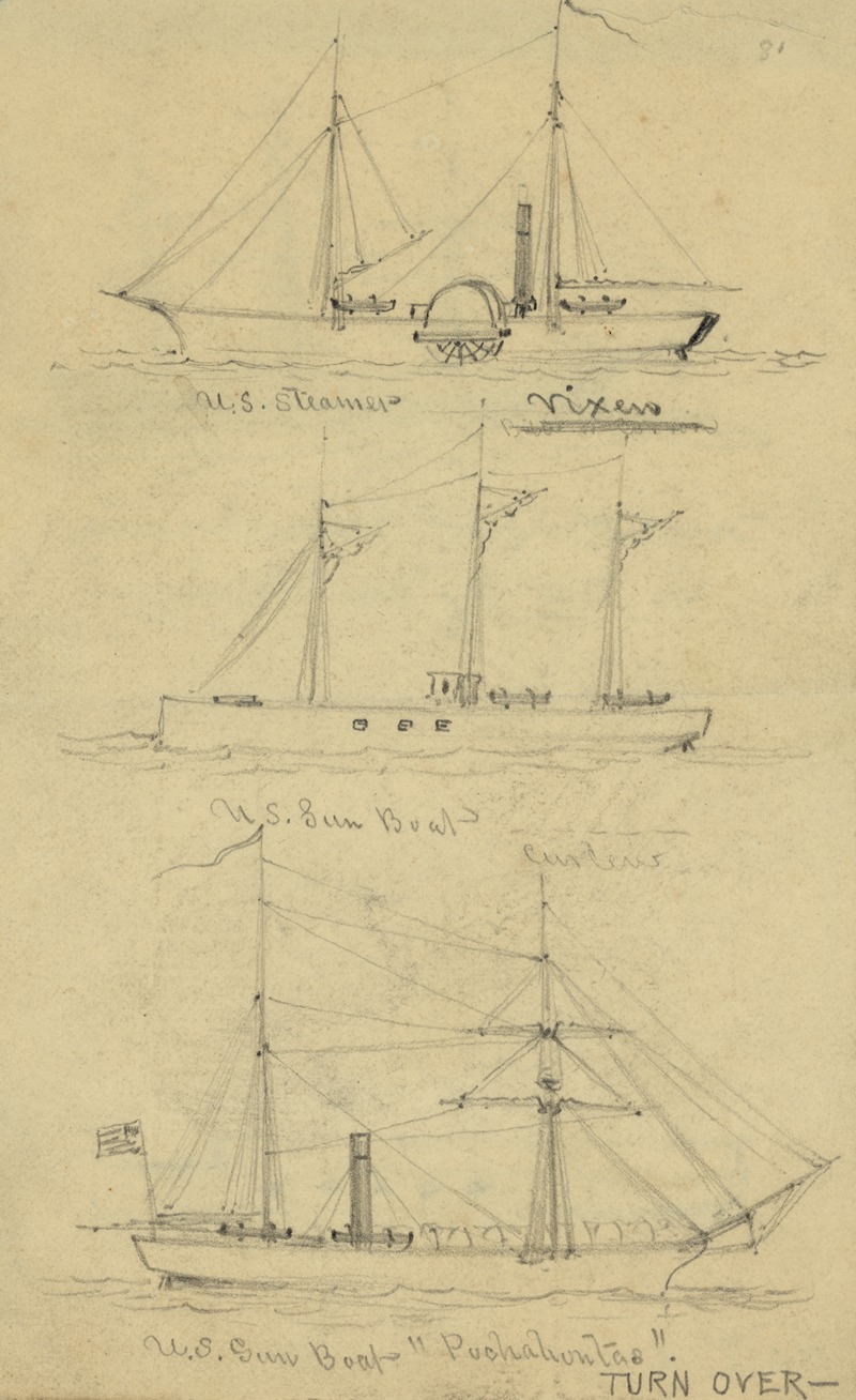 Alfred Rudolph Waud - U.S. Steamer Vixen, U.S. Gun Boat Curlew, and U.S. Gun Boat ‘Pochahontas’