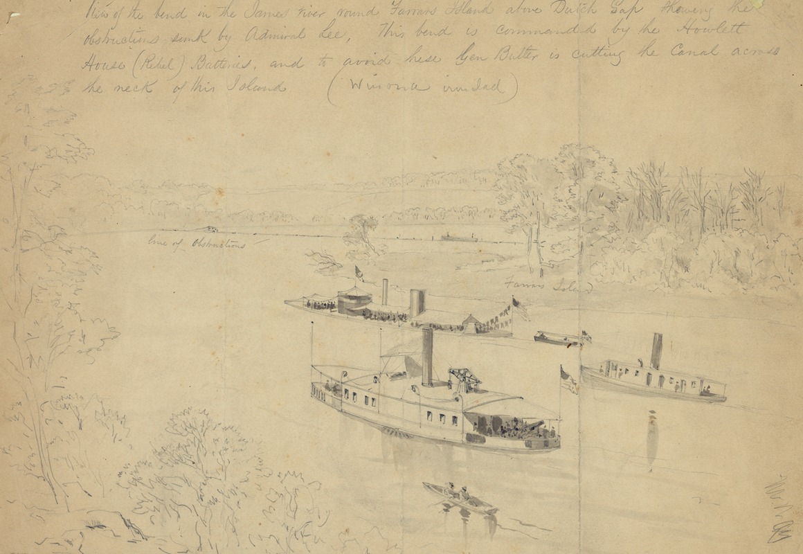 Alfred Rudolph Waud - View of the bend in the James river round Farrars Island above Dutch Gap showing the obstructions sunk by Admiral Lee