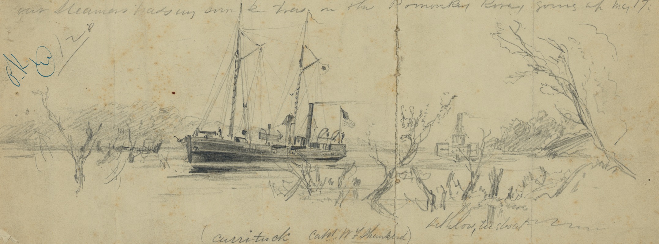Arthur Lumley - Our Steamers passing sunken trees in the Pomonkey[sic] River, going up May 17th