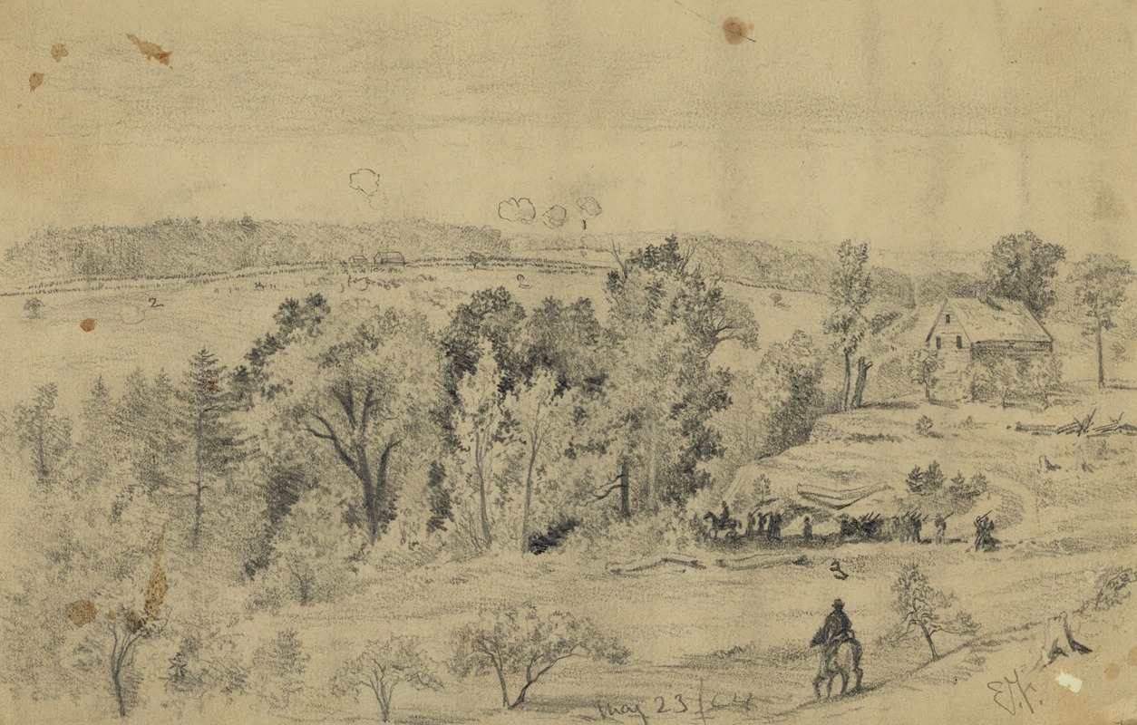 Edwin Forbes - Battle of the North Anna, from the hill above Jerico Ford showing Confederate lines, Union line, and road to Jerico Ford, Virginia