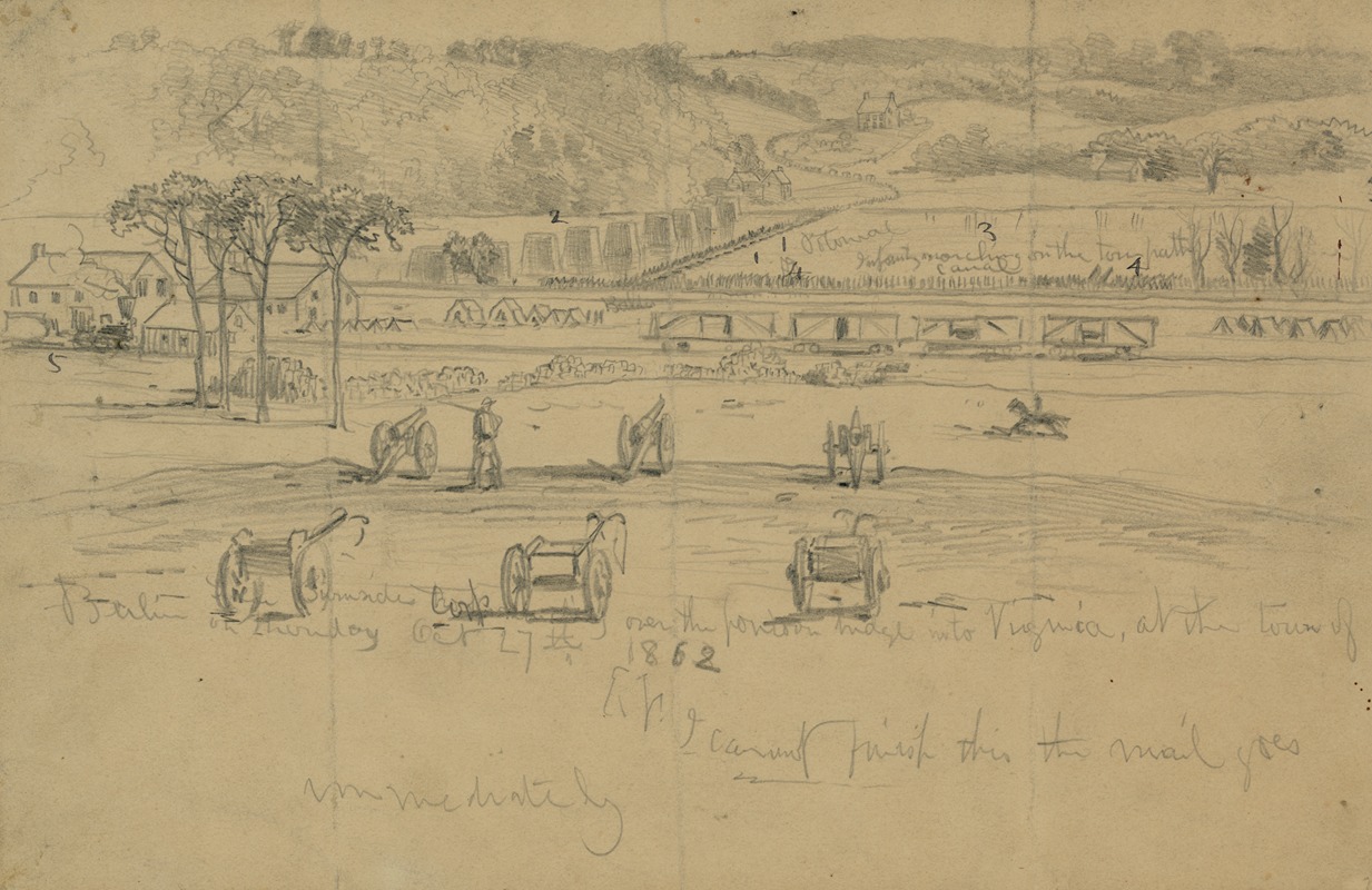 Edwin Forbes - Gen. Burnside’s Corp marching over the pontoon bridge into Virginia, at the town of Berlin on Thursday, Oct. 27, 1862