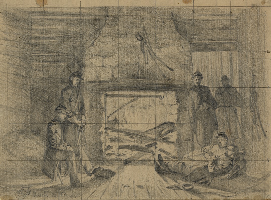 Edwin Forbes - On picket–Officers’ quarters in log house