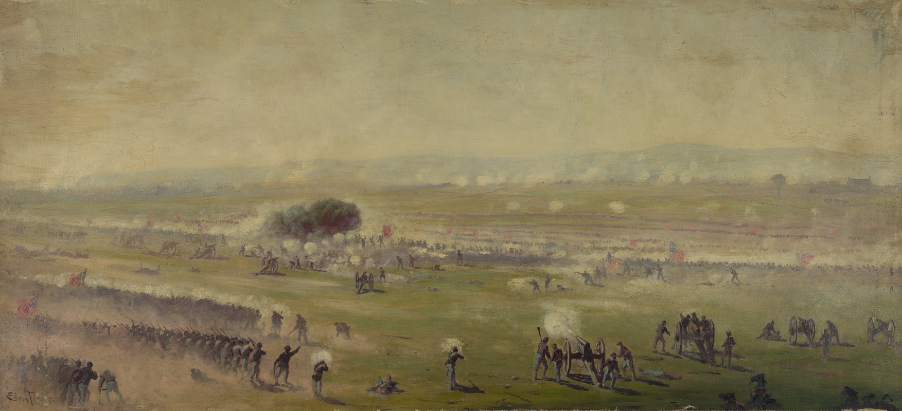 Edwin Forbes - Picketts charge from a position on the enemys line looking toward the Union lines, Zieglers grove on the left, clump of trees on right