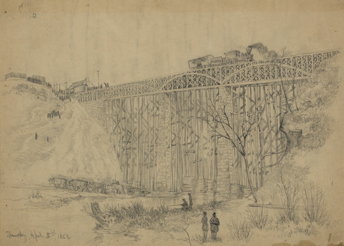 Edwin Forbes - Railroad train containing President Lincoln crossing Potomac Creek bridge on his way to review the Army of the Potomac