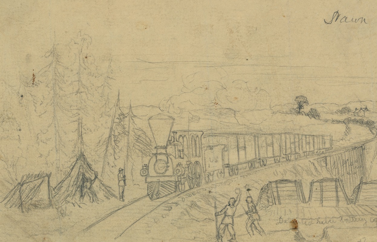 Edwin Forbes - Railroad train crossing Potomac Creek bridge