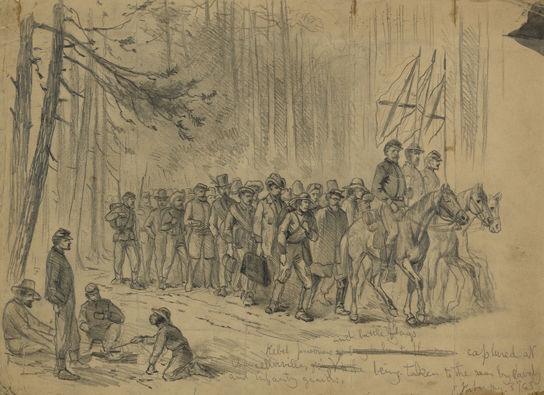 Edwin Forbes - Rebel prisoners and battle flags captured at Chancellorsville, being taken to the rear by cavalry and infantry guards