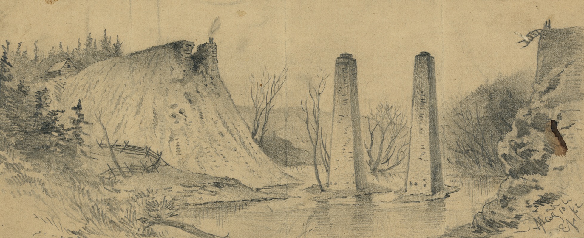 Edwin Forbes - Ruins of the Acquia Creek and Fredericksburg R.R. bridge, over Potomac Creek