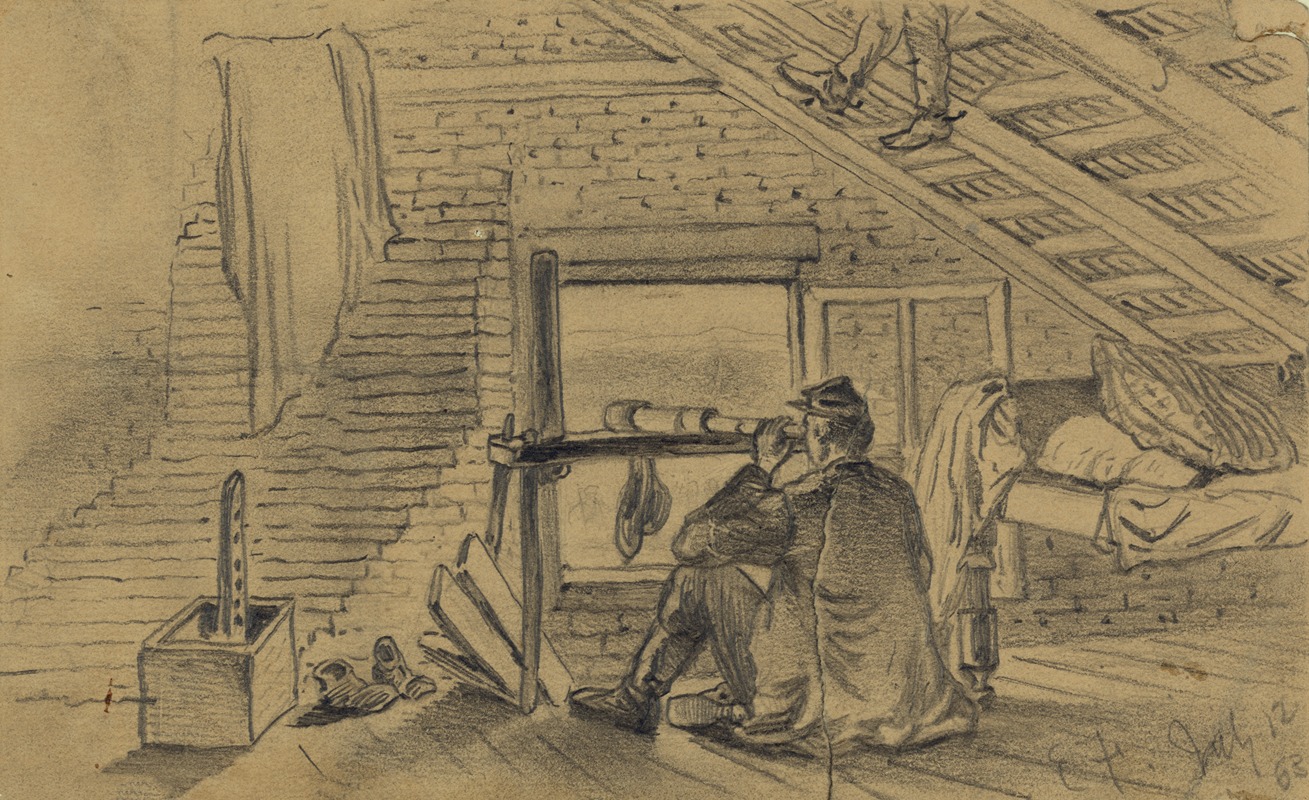 Edwin Forbes - Signal officers, in attic of farm house, watching the army of General Lee near Williamsport, Maryland