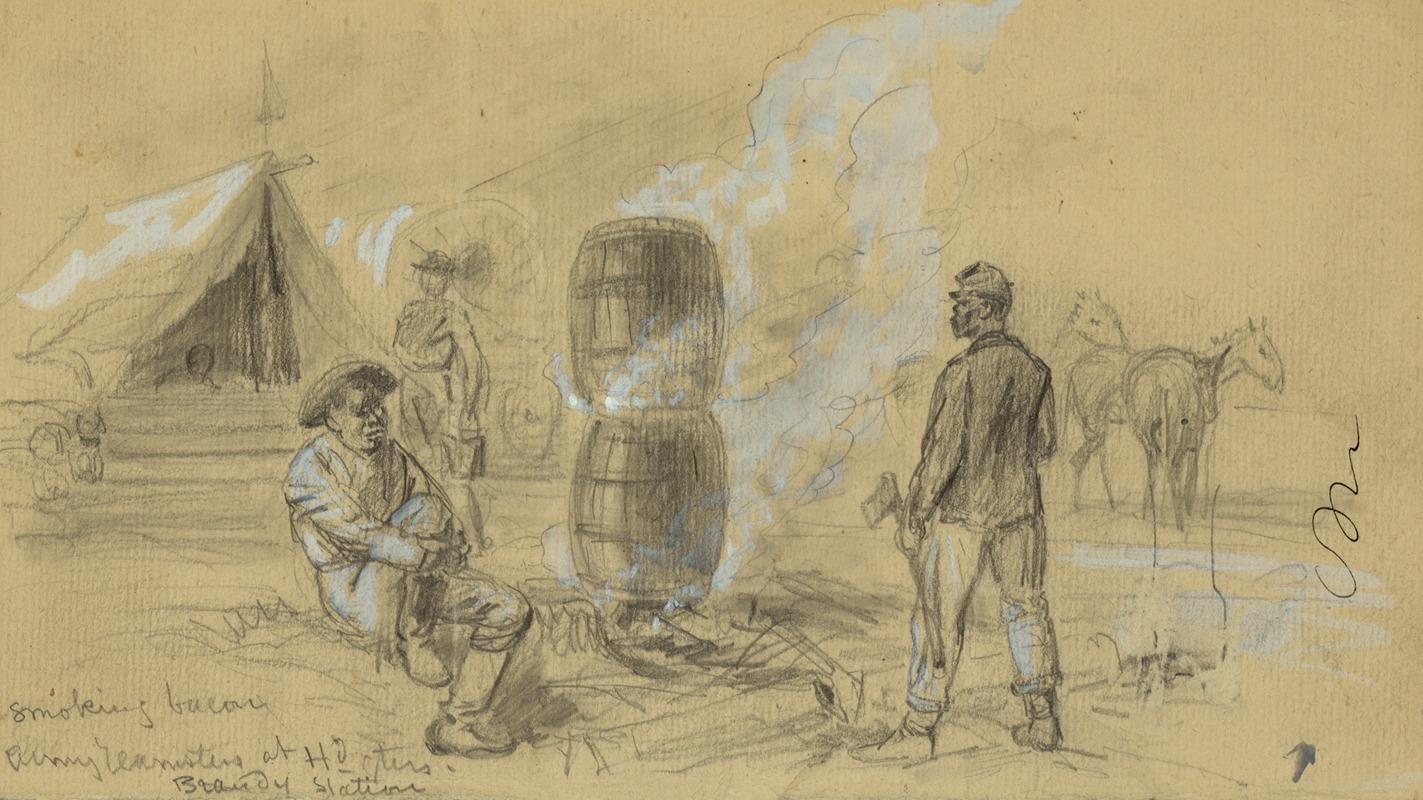 Edwin Forbes - Smoking bacon–Army teamsters at hdqters, Brandy Station