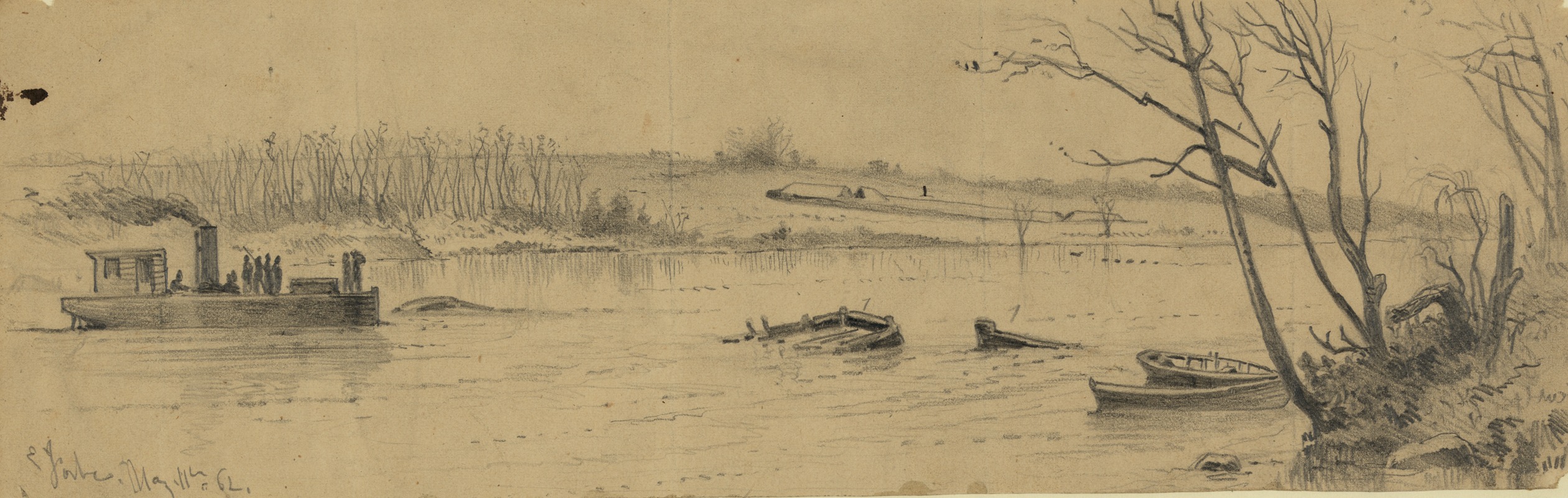 Edwin Forbes - Sunken vessels, in the Rappahannock River, below Fredericksburg, with earthwork commanding the channel