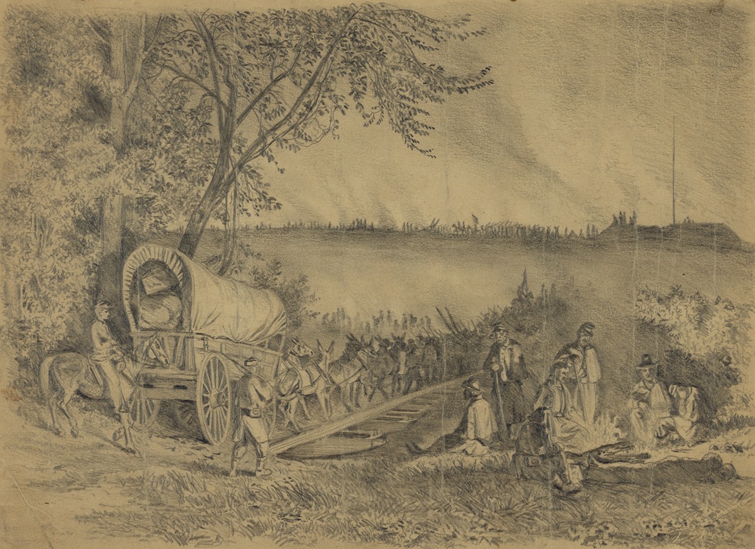 Edwin Forbes - The Army of the Potomac crossing the Rappahannock River on a pontoon bridge at night, near Rappahannock Station