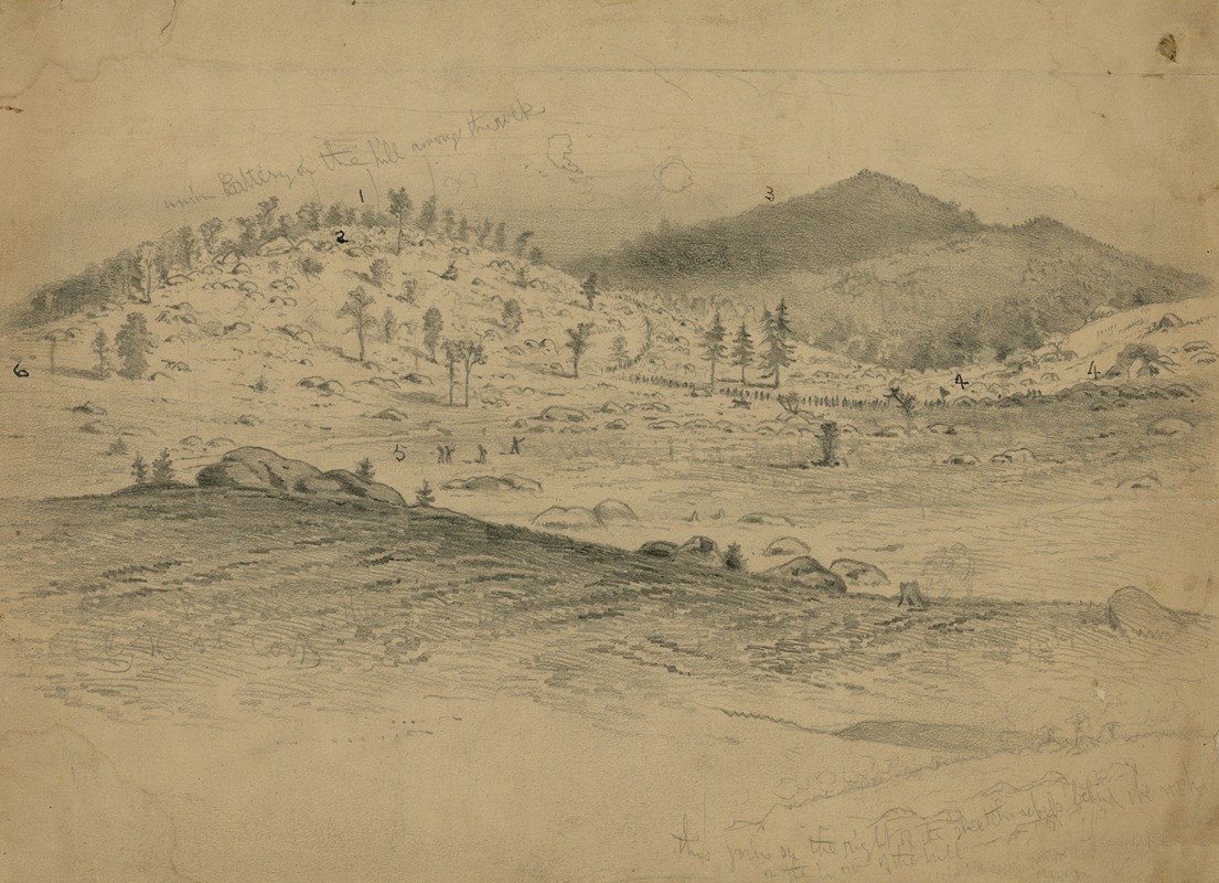 Edwin Forbes - The battle of Gettysburg. View of Little Round Top and the Devil’s Den, held by the Fifth Corps