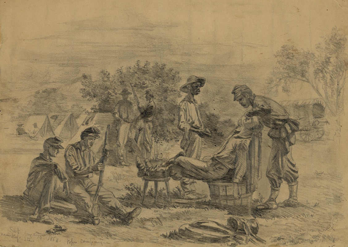Edwin Forbes - The camp barber–taking a shave–Saturday–Rappahannock Station, Va.